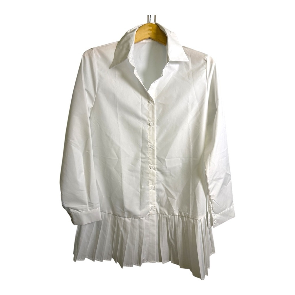 White Button Front Pleated Hem Long Sleeve L Blouse Preppy Modern Blokecore NWOT - Picture 2 of 4